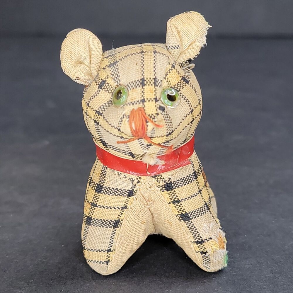 Vintage Miniature Plaid Stuffed Dog Terrier Japan Excelsior Straw